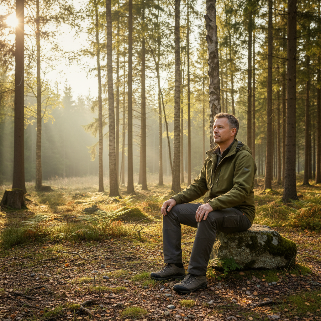 Ein Mann sitzt ruhig in einem lichten Wald auf einem Stein und blickt in die Stille – Atmosphäre der Achtsamkeit und inneren Einkehr
