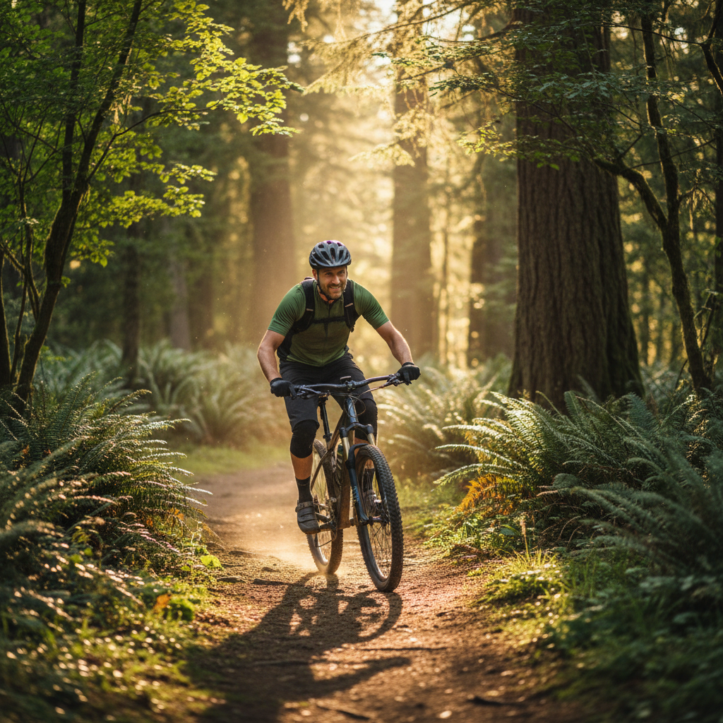 Ein Mann auf einem Fahrrad auf einem Waldweg bei Sonnenlicht – Sinnbild für vielfältige, natürliche Bewegungsformen im Freien