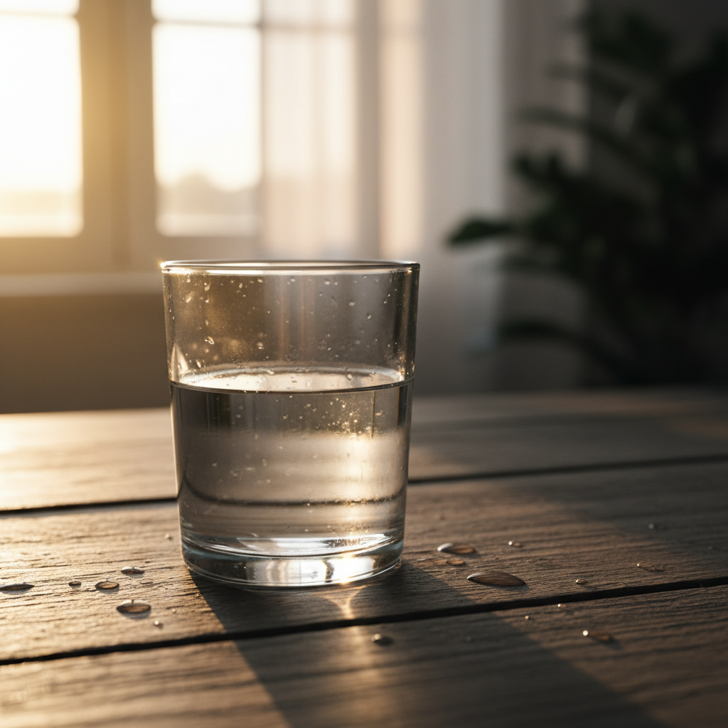 Ein Glas klares Wasser auf einem Holztisch im Sonnenlicht – Symbol für tägliche Hydration und bewusstes Trinken