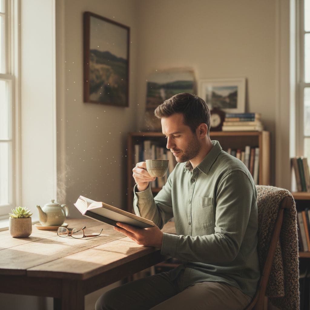 Ein Mann sitzt entspannt an einem Holztisch, hält eine Tasse Tee und liest ein Buch – Atmosphäre des ruhigen, bewussten Alltags