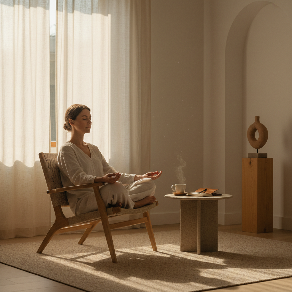 Weiche Morgenstimmung mit sanftem Licht in einem stillen Raum – Atmosphäre von Ruhe, Konzentration und innerer Klarheit